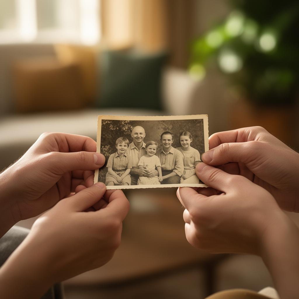 Twee paar handen houden respectvol een oude familiefoto vast